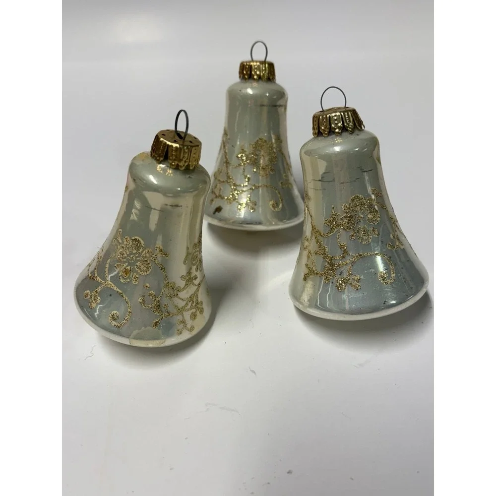 Vintage Mercury Glass Bell Christmas Ornaments Floral Rose Gold Glitter Set of 3